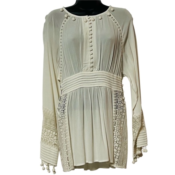 Marchesa Voyage Crochet Boho Ivory Pom Pom Lace Tunic Dolman Sleeve Blouse 4 XS - Picture 1 of 12